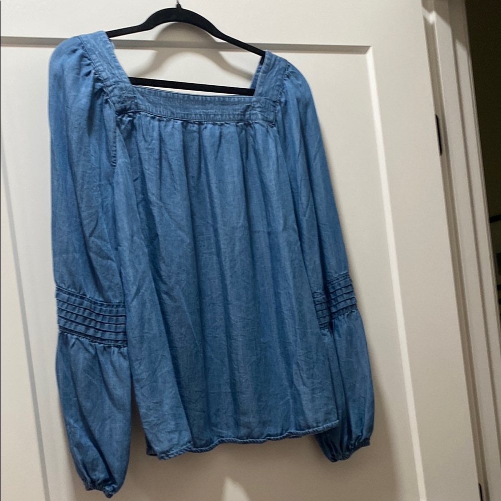 LC Lauren Conrad Blue Smocked Puff Sleeve Blouse